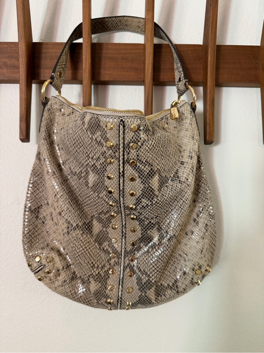 Michael Kors Snake-Embossed Hobo Bag with Gold Stud Accents - Taupe
